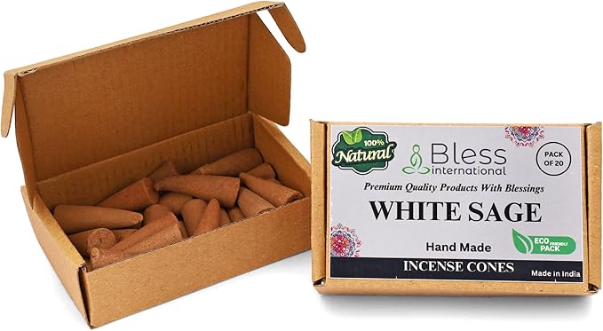 Bless-International White Sage 100%-Natural-Incense-Cones Handmade-Hand-Dipped Organic-Chemicals-Free for-Purification-Relaxation-Positivity-Yoga-Meditation The-Best-scents (20 Count)