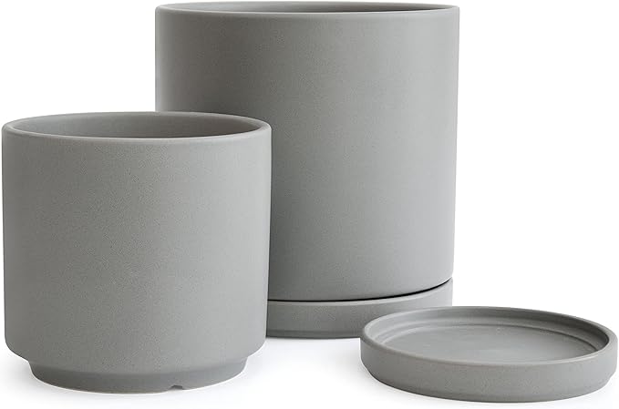 D'vine Dev 6 Inch & 8 Inch Ceramic Planter Pots for Plants with Drainage Hole and Saucer, Medium Plant Pots Set, Grey, 94-G-M-3 - Bloomnest