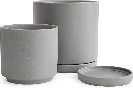 D'vine Dev 6 Inch & 8 Inch Ceramic Planter Pots for Plants with Drainage Hole and Saucer, Medium Plant Pots Set, Grey, 94-G-M-3 - Bloomnest