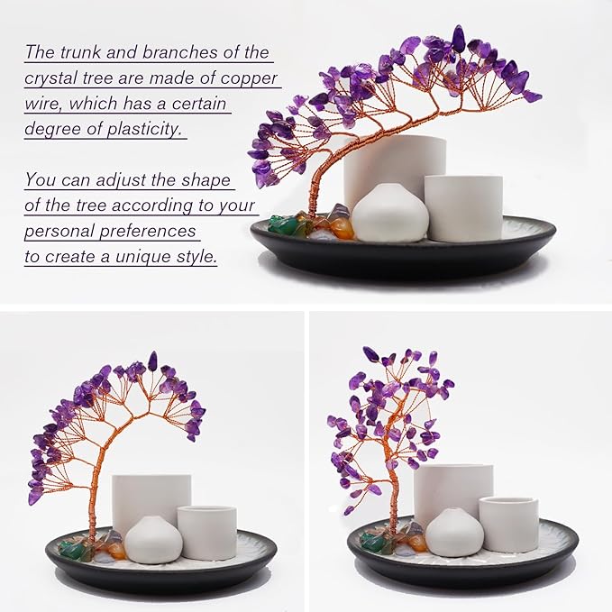 5 in 1 Incense Burner Holder with Crystal Tree for Burning Palo Santo Stick, Sage, Incense Sticks, Candle, Ceramic Tray Ash Catcher, Meditation Gift (Purple) YIENENG