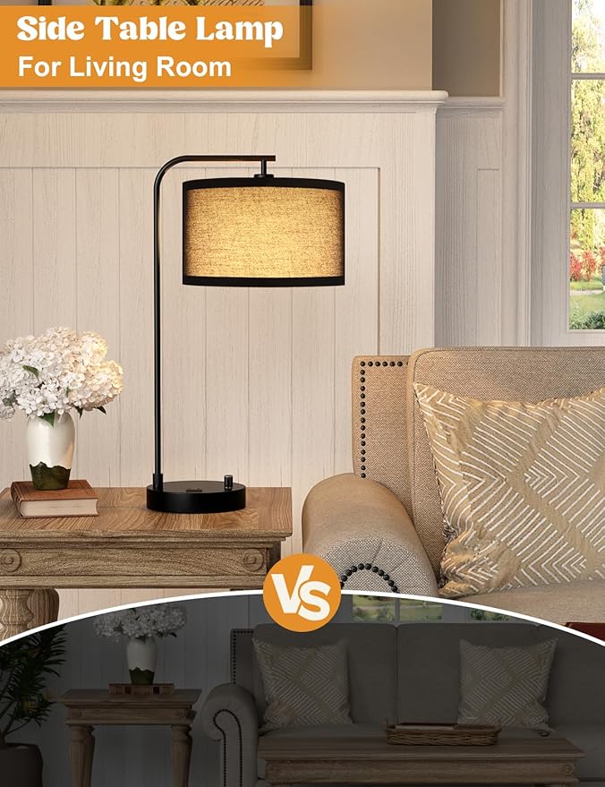 Innqoo Black Tall Table Lamp with USB Port and Outlet, Dimmable Nightstand Bedside Lamps with Linen Lampshade, Desk Lamp for Bedroom, Living Room, Guest Room, Home Office, LED Bulb Included - Bloomnest