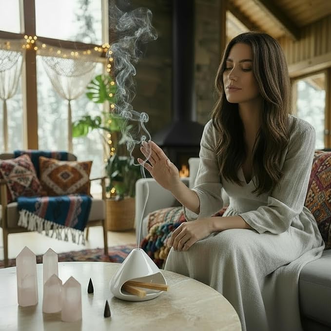 Palo Santo Holder Incense Burner,Sage Sticks Incense Holder,Zongzi Clay Smudge Bowl with Chimney,Mini Cone Ceramic Fireplace for Cedar,Yoga,Sleep,Home Decor,Anxiety Relief Meditation for Women (White) DIDIBIRD