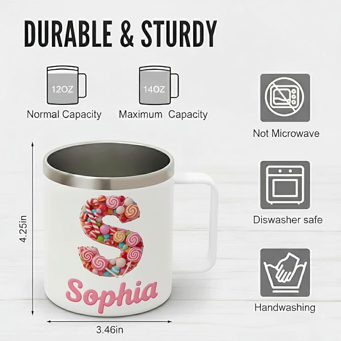 Personalized Kids Mug with Name, 12oz Insulated Tumbler with Handle, Custom Candy Initial Cup, Cute Birthday Christmas Gift for Girls, Boys, Her, Stocking Stuffer (B03) - Bloomnest
