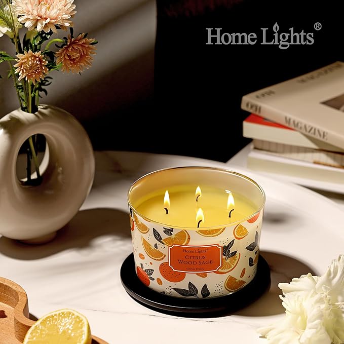 HomeLights Citrus Wood Sage Scented Candles | 18oz Soy Candles Eclectic Mixed Styles 4-Wick Large Candle Jars | Ideal Candle Gifts for Events, Home Decor Stress, Relief & Relaxation - Bloomnest