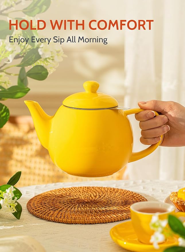 Sweese Teapot, Porcelain Tea Pot with Stainless Steel Infuser, Blooming & Loose Leaf Teapot - 27 ounce, Yellow - Bloomnest