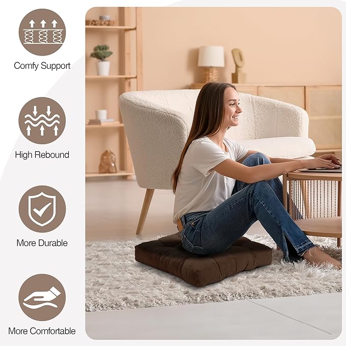 Floor Cushions for Adults Floor Pillows for Sitting Large Square Tufted Meditation Pillows Memory Foam 2 Pcs, 22" x 22", Dark Brown - Bloomnest