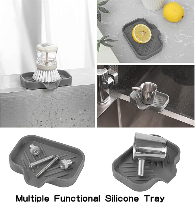 Silicone Bathroom Soap Dishes with Drain Spout-Bathroom and Kitchen Sink Organizer,Sponge Holder,Dish Soap Tray,Perfect for Dispenser,Scrubber,Bottle,Cup on Sink or Counter-Grey 4.9"×3.2" - Bloomnest