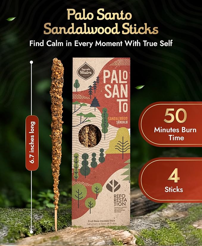 Sagrada Madre 4pcs Wildly Harvested Palo Santo Incense Sticks (Sandalwood), 6.7” Long - Non-Toxic, Aromatic Incense Sticks (50 min Approx. Burning Time) to Heal & Calm Your Body and Environment SagradaMadre