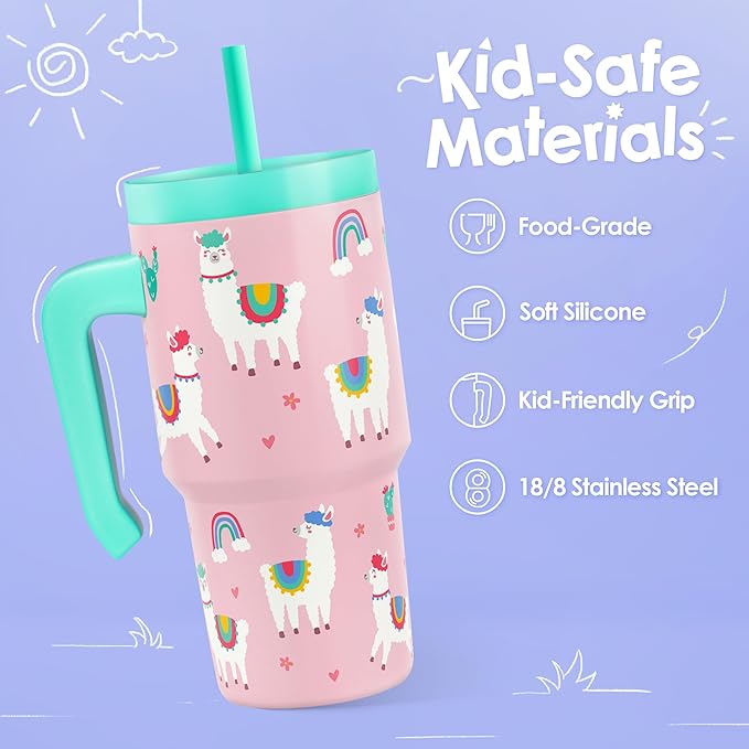 Llama Tumbler 20oz with Handle and Silicone Straw Lid for Kid, Insulated Stainless Steel Cup, Gift for Kids Girls, Gifts Idea for Birthday Christmas Back to School - Bloomnest