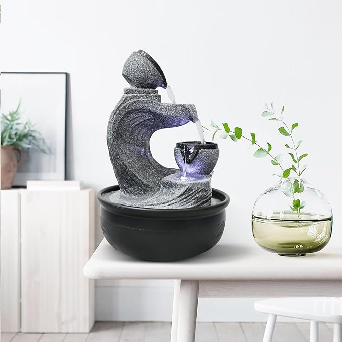 15.7” High Tabletop Water Fountain with LED Lights - 4-Tier Indoor Relaxation Desktop Waterfall Fountain, Cascading Water Feature for Home and Office Decor
