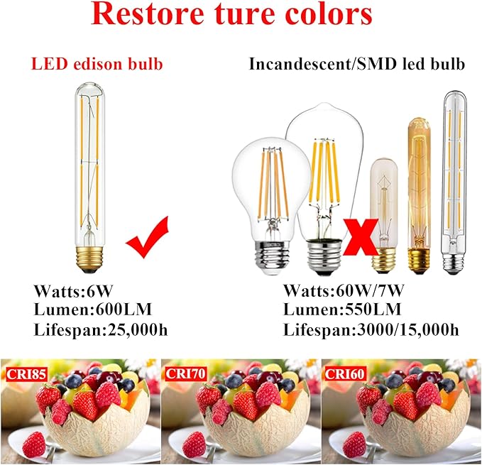 Arberlic 7.3 Inch T10 LED Bulb,6W Tubular Light Bulb Equivalent E26 led Bulb 60 watt dimmable,Warm White 2700K,600lm,CRI85+,AC120V,Clear Glass Long E26 Edison Bulb,Flicker-Free,Pack of 6 - Bloomnest