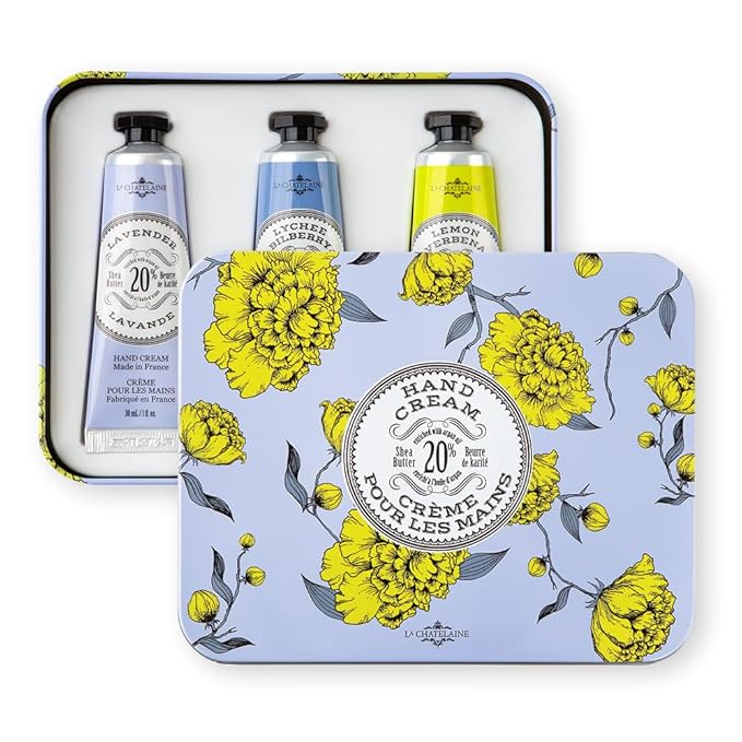 La Chatelaine French Hand Cream Trio Tin, Holiday Gift Set, Hand Lotion for Women, Made in France with 20% Organic Shea Butter (Lavender, Lychee Bilberry & Lemon Verbena or Citrus Fizz) 3 x 1 fl oz - Bloomnest