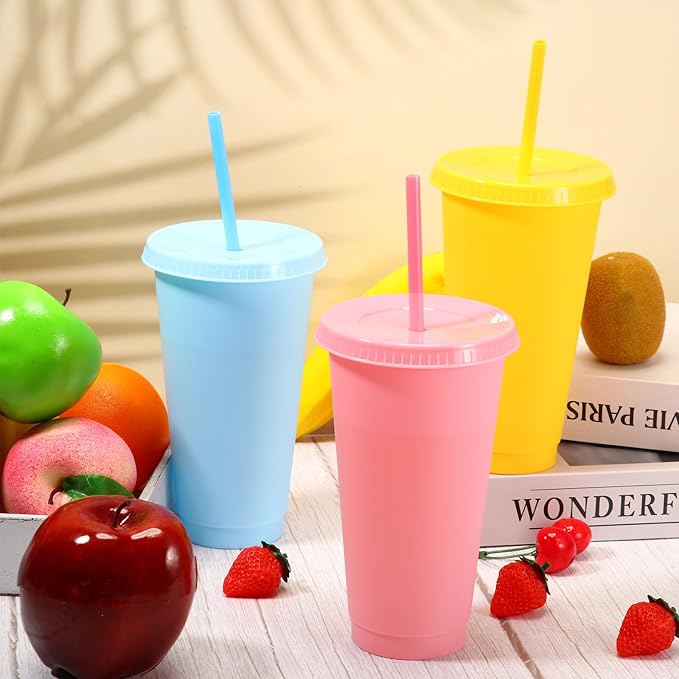 Honeydak 100 Pack Tumbler with Straw and Lid Bulk Water Bottle Iced Coffee Travel Mug Cup Reusable Plastic Cups for Party Birthdays 24-27 oz (Classic Color) - Bloomnest