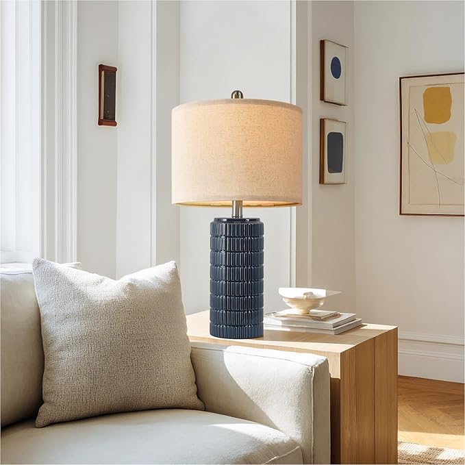 PoKat 24" Modern Ceramic Table Lamps Set of 2 for Bedroom, Blue Bedside Lamps for Night Stands, Farmhouse Desk Decor Nightstand Table Lamps for Living Room End Table Dark Blue - Bloomnest
