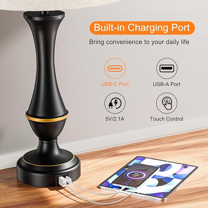 Seealle Upgraded Touch Lamps for Night Stands Set of 2 - Bedside Lamps with USB C+A, 3 Way Dimmable for Bedroom Living Room End Tables Office - Bloomnest
