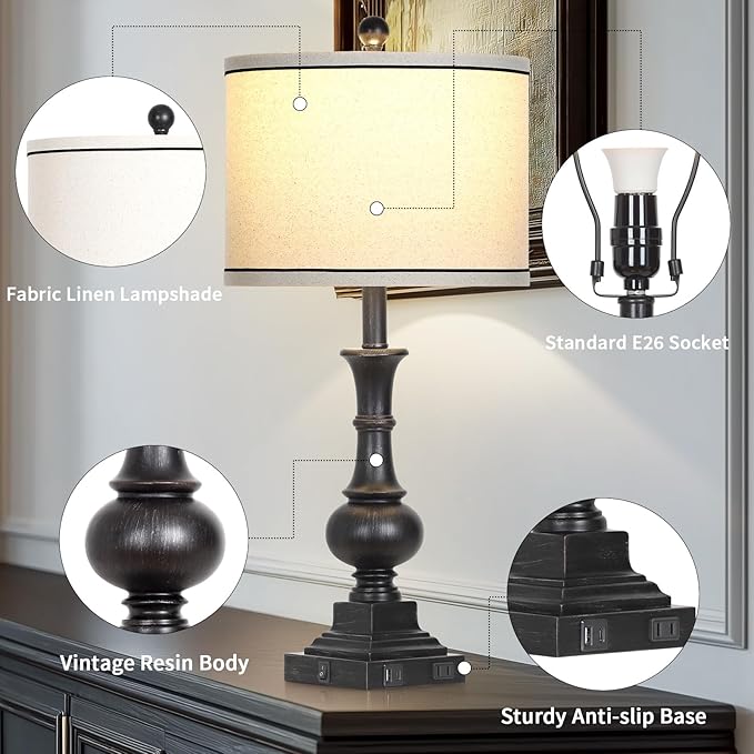 Farmhouse Table Lamps Set of 2, Vintage Bedside Lamps with USB A+C Charging Ports & AC Outlet, 26" Rustic Nightstand Lamp for Living Room Bedroom End Table Wash Black(2 LED Bulbs Included) - Bloomnest