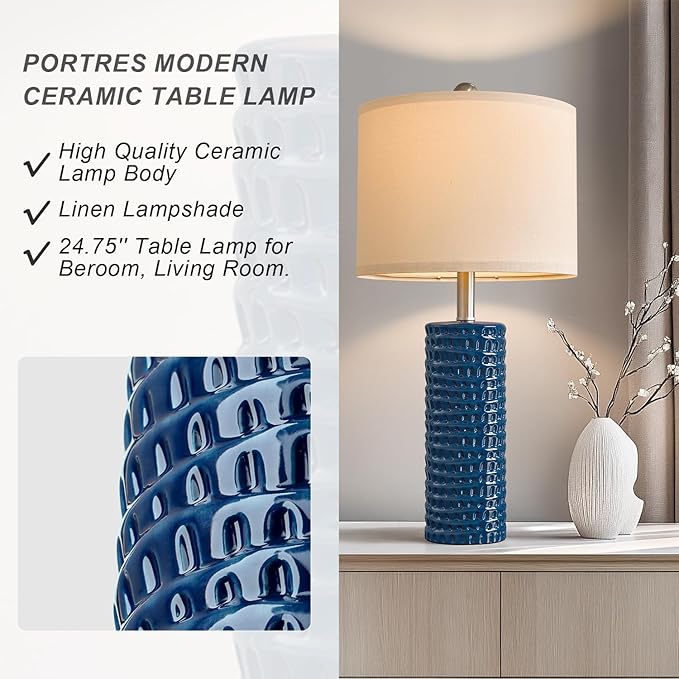 PORTRES 24.75" Modern Accent Ceramic Table Lamp Set of 2 for Bedroom Desk Decor Bedside Lamps for Living Room Study Room Office Dorm Farmhouse Nightstand Lamp End Table Lamps (Blue) - Bloomnest
