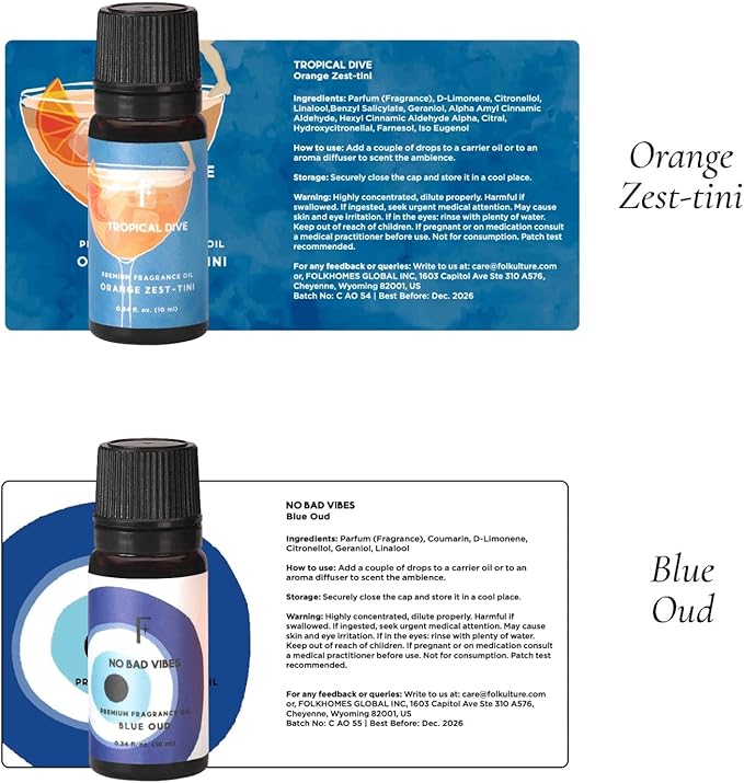 Folkulture Essential Oils for Home | Set of 6 (0.34 fl oz x 6) Beach Diffuser Oil for Relaxation | Coconut Essential Oil for Meditation | Aqua, Oud, Orange Zest Essential Oils for Women - Bloomnest