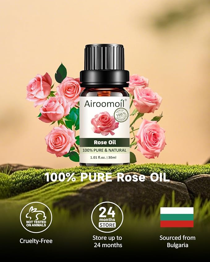 Rose Essential Oil with Glass Dropper - 1 Fl Oz | 30ml, 100% Pure Natural, for Diffusers, Aromatherapy, Skin, Massage, Candle and Soap Making Fragrance Airoomoil