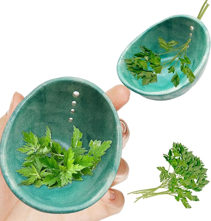 Herb Stripper, Herb Chopper, Herb Stripper Bowl, Kitchen Herb Stripping Tool for Kale, Small Pottery Herb Stripper Ceramic Bowl, Suitable for Peeling off the Leafy Assembly (Celadon Glaze) - Bloomnest