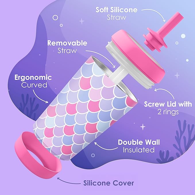 Kid Insulated Stainless Steel Tumbler with Silicone Straw, 12oz Sippy Cup for Kids (Mermaid Scale) - Bloomnest