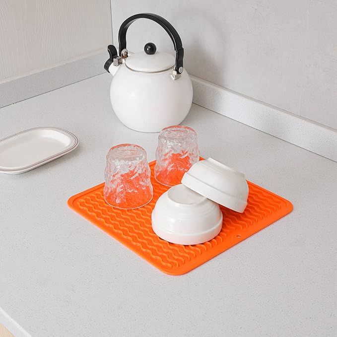 Silicone Dish Drying Mat for Multiple Usage,Easy clean,Eco-friendly,Heat-resistant Silicone Mat for Kitchen Counter or Sink,Refrigerator or Drawer liner Orange M 12 inches x 12 inches - Bloomnest