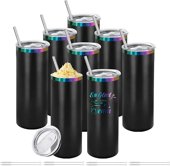 YOUKE OLA 8 Pack Rainbow Plated Stainless Steel Tumbler Straight Double Wall Powder Coated for Laser Engrave, 20oz Black To Iridescent - Bloomnest