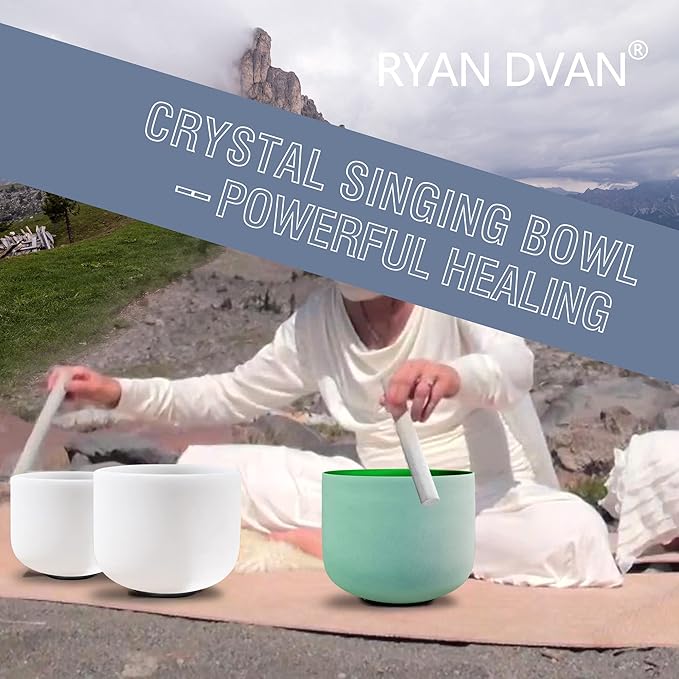RYAN DVAN 432 hz 8” F Note Green Frosted Heart Chakra Crystal Singing Bowl with Free Heavy-Duty Carrying Case and Suede Striker O-Ring - Bloomnest