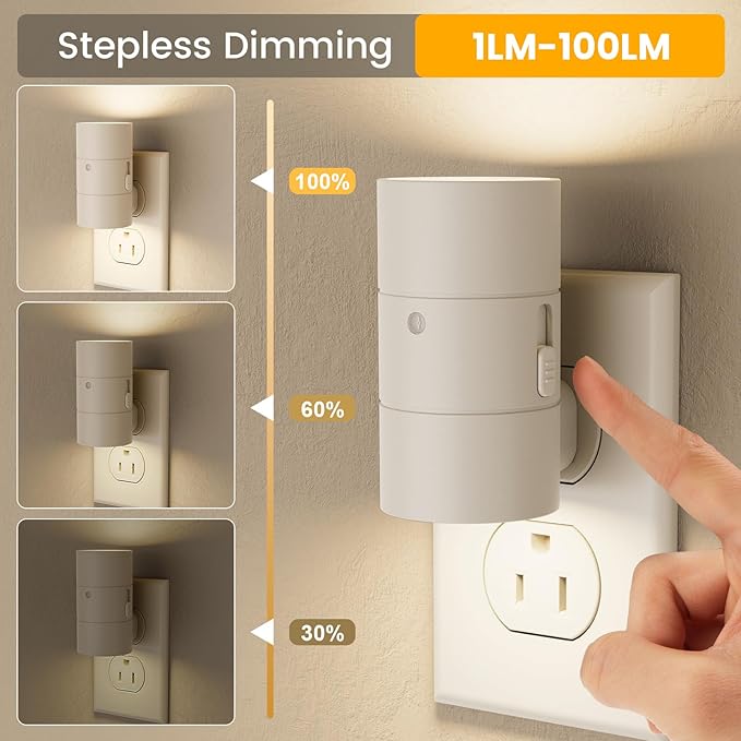 VOLISUN Night Light, Dimmable Led Night Lights Plug into Wall, Amber/3000K/4500K, 0-100LM Adjustable Brightness, Dusk to Dawn Nightlight for Hallway, Bathroom, Bedroom White 4 Pack - Bloomnest