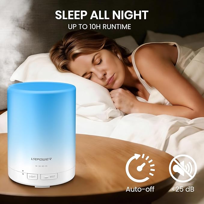URPOWER 300ml Essential Oil Diffuser: Ultrasonic Aromatherapy Diffuser Quiet Auto Shut-Off, 4 Timer Settings(1H 3H 6H ON) & 7-Color Night Light Humidifier for Yoga Bedroom Living Room Office - Bloomnest