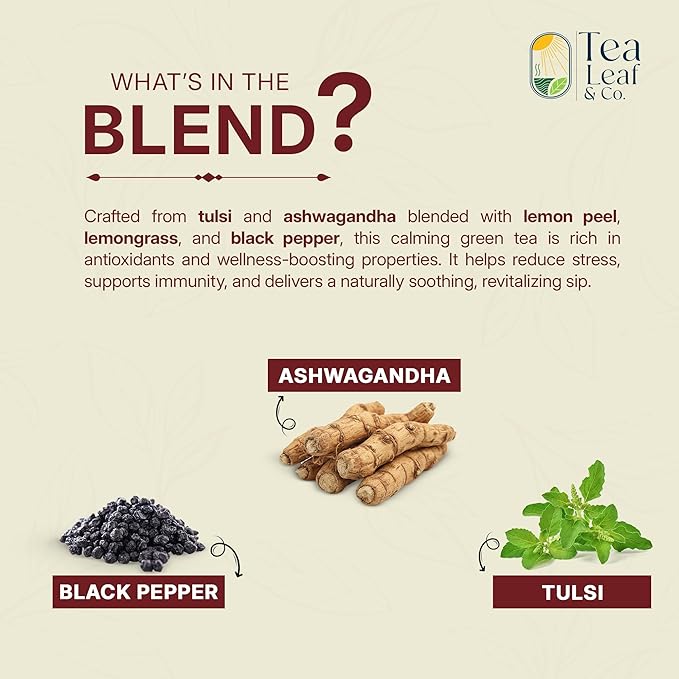 Tulsi Ashwagandha Green Tea Bags (50 Count), Green Tea with Tulsi, Ashwagandha, Lemongrass and Black Pepper, Caffeinated, Real and Natural Green Tea, Blended with Fresh Herbs and Spices, Gluten Free - Bloomnest