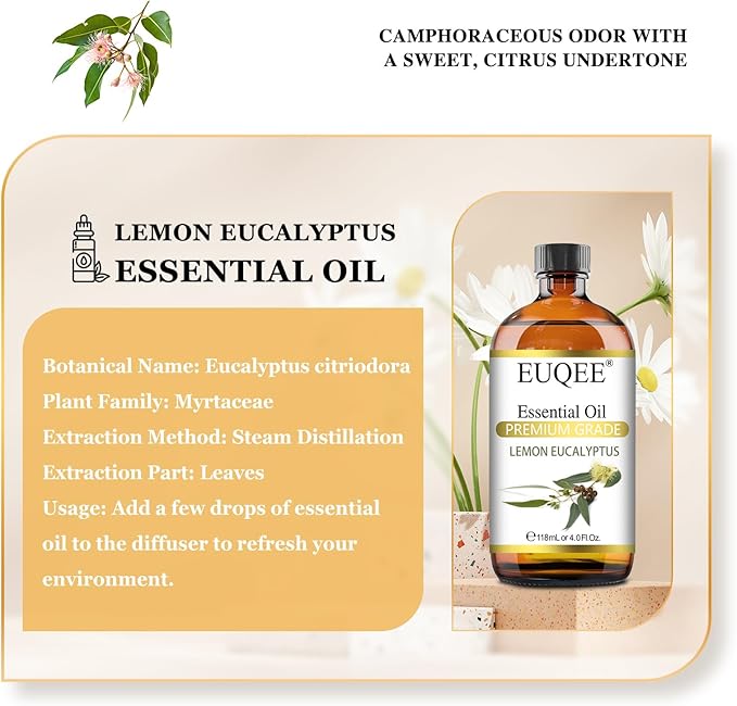 EUQEE Lemon Eucalyptus Essential Oil Pure Lemon Eucalyptus Oil, Large Capacity Essential Oil with Glass Dropper for Diffuser, Candle Making - 118ml / 4 Fl.Oz - Bloomnest