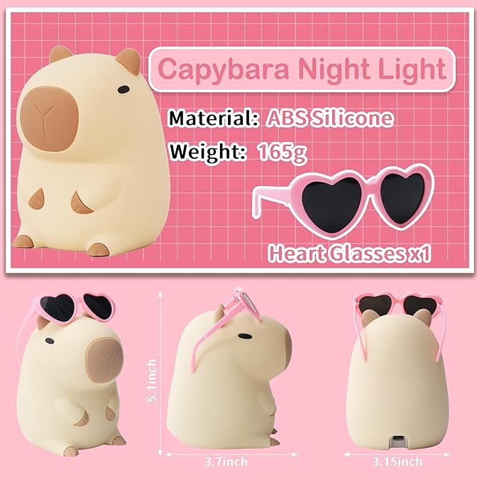 Attivolife Capybara Night Light, Sunglasses Capybara Silicone Lamp for Girls, Touch Nightlight Portable with Dim, Funny Bathroom Table Decor Birthday Xmas Gift for Women Friends（Pink Glasses） - Bloomnest