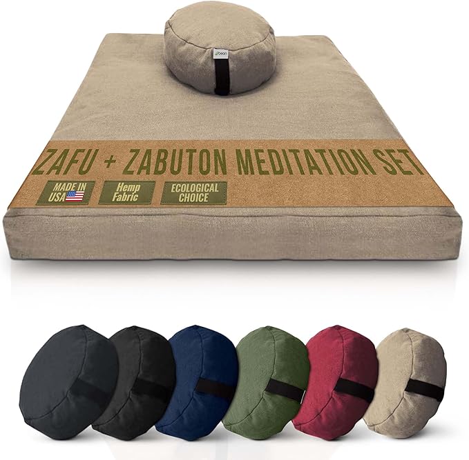 Meditation Cushion Mat Set HEMP - Round Zafu Floor Pillow Organic Buckwheat Pillow + Cotton Filled Zabuton Prayer Pad - Meditation Pillow Yoga Knee Pad - Made in USA - 14" Round, NATURAL Hemp - Bloomnest
