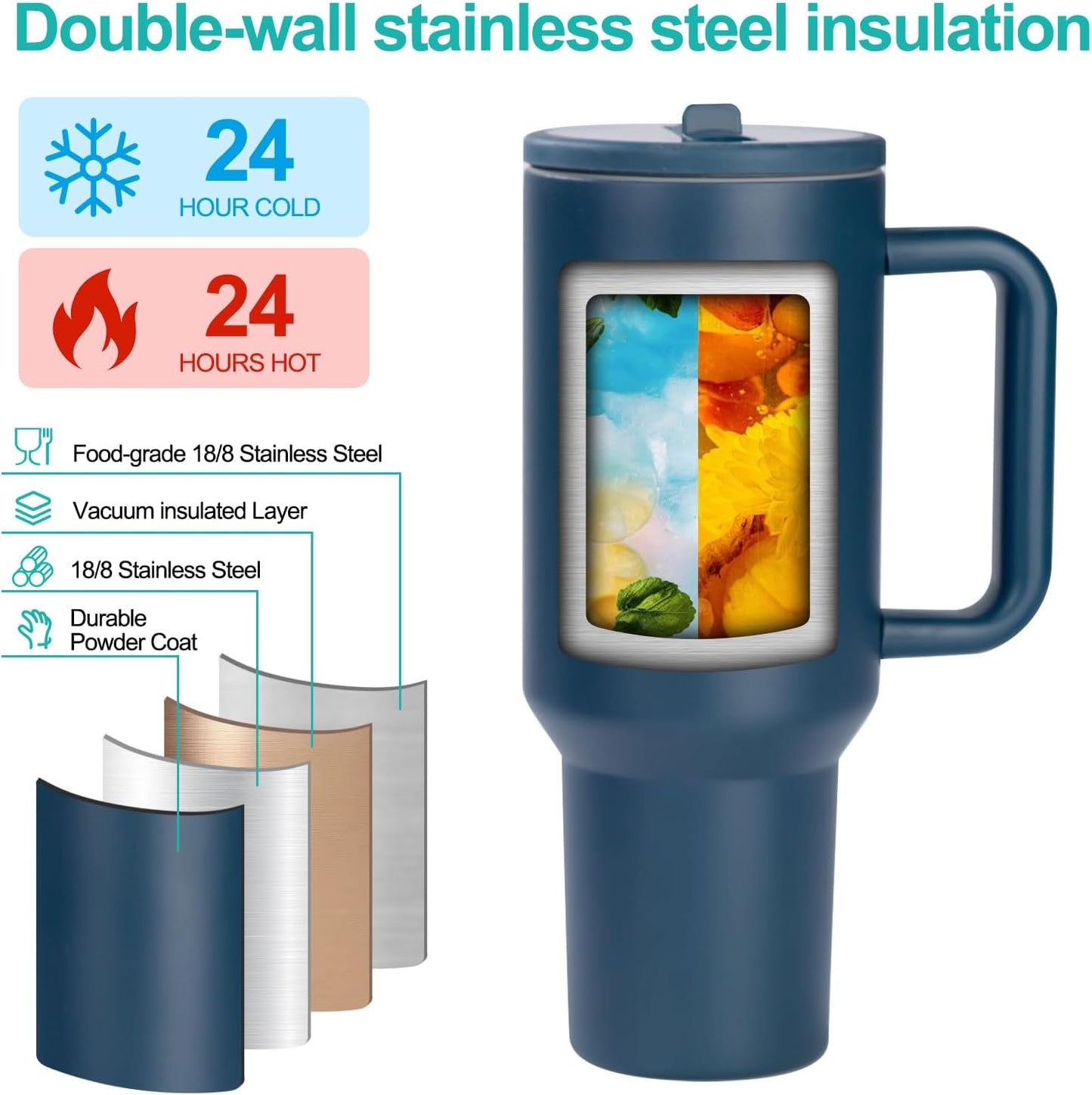 40 oz Insulated Tumbler with Handle,Flip Straw,Lid & Rubber Base Stainless Steel Water Bottle - Leak Proof Vacuum Insulated Mug BPA Free Reusable Travel Cup Gifts for Women/Men (Darkblue 40oz)