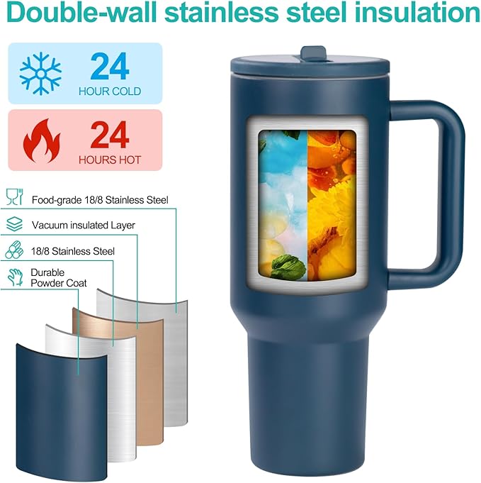 40 oz Insulated Tumbler with Handle,Flip Straw,Lid & Rubber Base Stainless Steel Water Bottle - Leak Proof Vacuum Insulated Mug BPA Free Reusable Travel Cup Gifts for Women/Men (mint green 40oz new) - Bloomnest