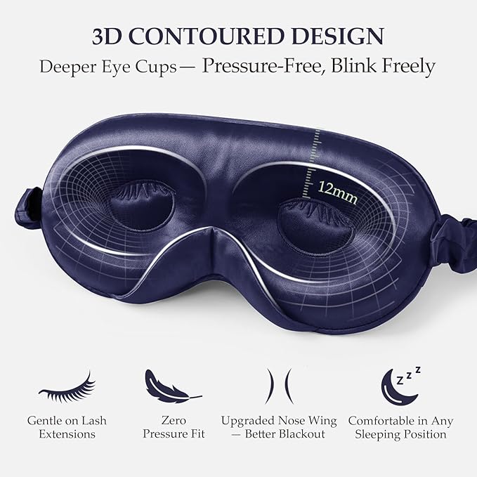 100% 22 Momme Mulberry Silk Sleep Mask with Adjustable Strap, 3D Contoured Cup Silk Eye Mask for Sleeping, Total Black Out, Navy Bule - Bloomnest