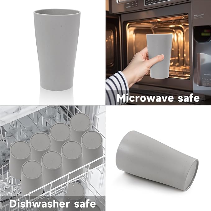 EI Wheat Straw Cups 8pcs Grey Plastic Reusable Cups for Kitchen Unbreakable Plastic Drinking Glasses for Water, Coffee, Juice, Tea - Bloomnest