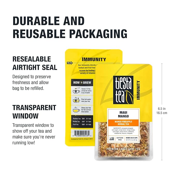 Tiesta Tea Maui Mango, Loose Leaf, Mango Pineapple Herbal Tea, Premium Non-Caffeinated Fruit Blend, Makes Hot or Iced & Brews Up to 25 Cups, 2.2 Ounce Resealable Pouch - Bloomnest