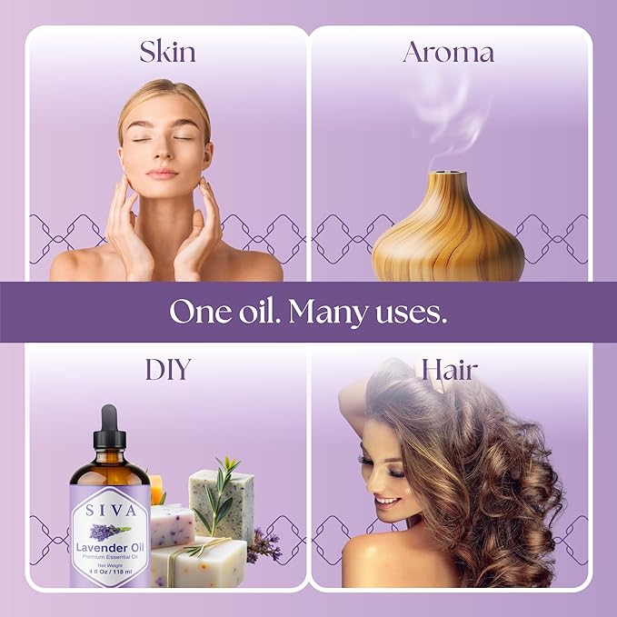 Siva Lavender Essential Oil - 4 Fl Oz – 100% Natural Lavender Oil - for Diffuser, Face, Skin Care, Aromatherapy, Hair Care, Scalp and Body Massage - with Dropper - Bloomnest