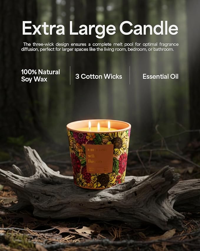 Wild Flowers Scented Candle, 30oz Natural Soy Wax, Large 3 Wicks Luxury Aromatherapy | Natural Candles Non-Toxic | 100+ Hour Clean Burn,Long Lasting Big Candles for Home Decor,Stress Relief,SPA - Bloomnest