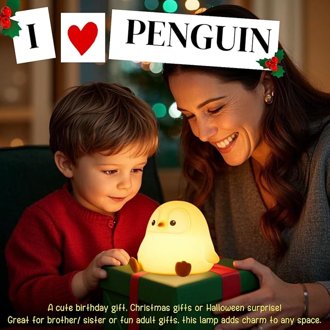 Penguin Cute Night Light for Kids, Squishy Rechargeable Penguin Gifts Lamp, Food Grade Silicone Dimmable Touch Nightlight, Boy Girl Light Up Gray Penguins, Baby Nursery Room Animal Décor - Bloomnest