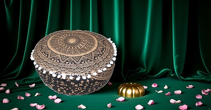 INDIAN CRAFT CASTLE ICC Mandala Barmeri Large Floor Pillow Cover Cushion Meditation Seating Ottoman Throw Cover Hippie Decorative Zipped Bohemian Pouf Ottoman Cases Black Gold, 18" Round - Bloomnest