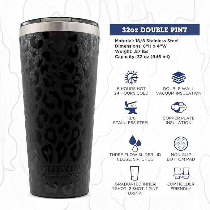 Yukon Outfitters 32oz Double Pint Double Wall Vacuum Insulated Stainless Steel Tumbler with Three Flow Lid | For Hot or Cold Beverage | Fits Most Cup Holders, UV Black Leopard - Bloomnest