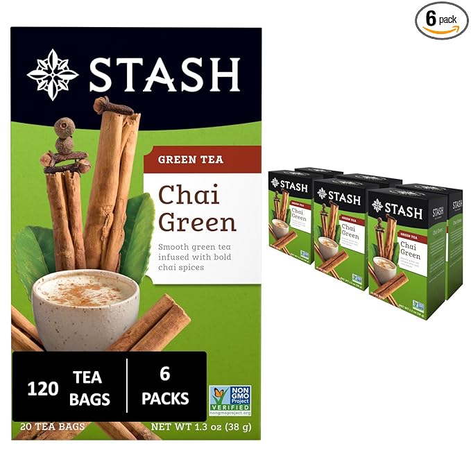 Stash Tea Chai Green Tea - Caffeinated, Non-GMO Project Verified Premium Tea with No Artificial Ingredients, 20 Count (Pack of 6) - 120 Bags Total - Bloomnest
