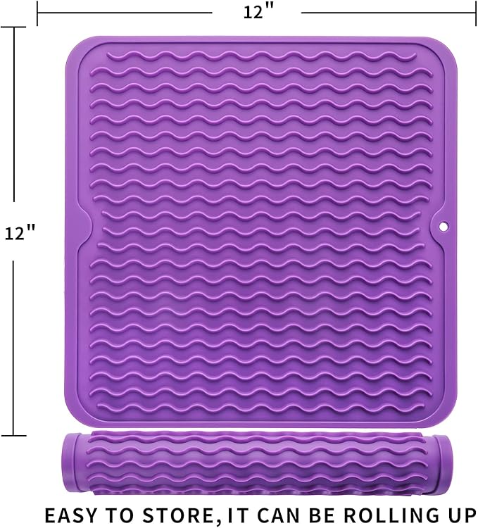 Silicone Dish Drying Mat for Multiple Usage,Easy clean,Eco-friendly,Heat-resistant Silicone Mat for Kitchen Counter or Sink,Refrigerator or Drawer liner Purple M 12 inches x 12 inches - Bloomnest