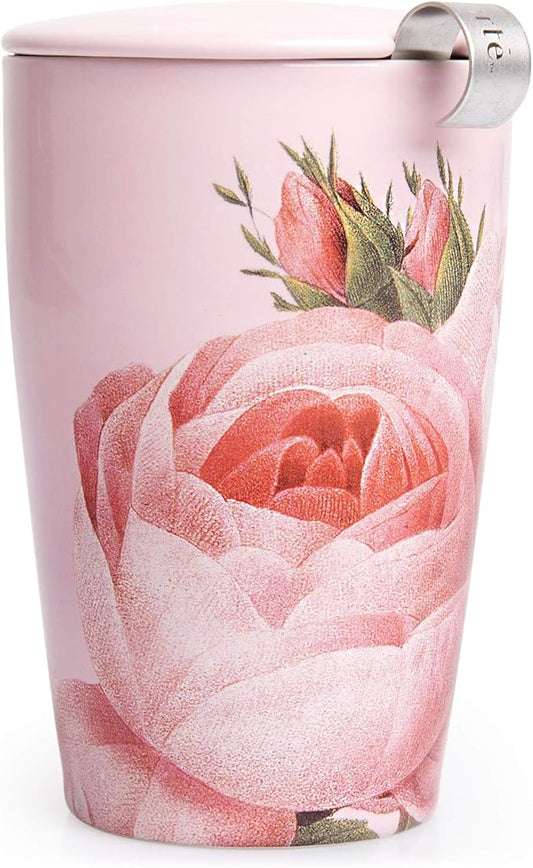Tea Forte Double-Walled Ceramic Kati Cup, Removable Stainless Steel Infuser Basket and Lid, Steeps 12 oz Loose Leaf Tea, Dishwasher & Microwave Safe, Jardin - Bloomnest