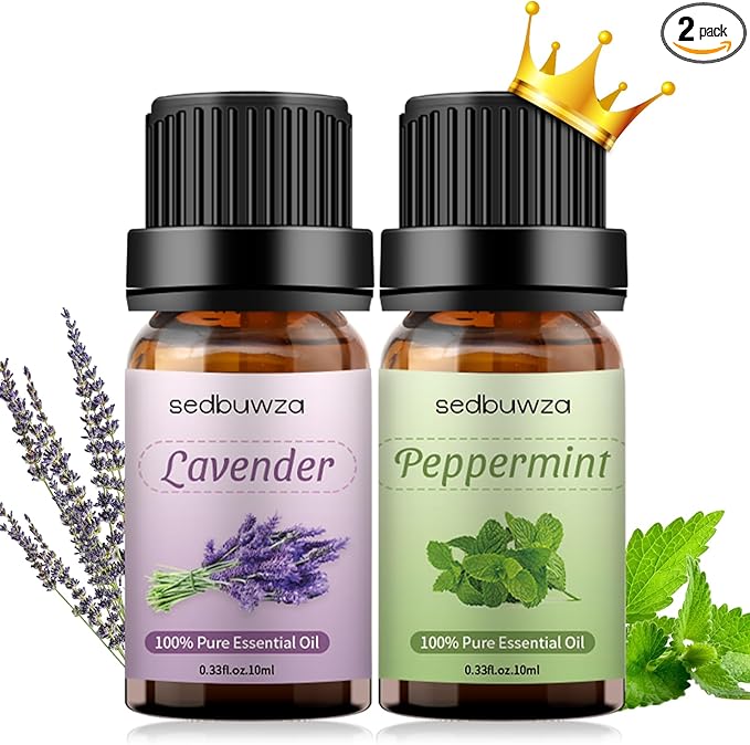 Sedbuwza Lavender Peppermint Essential Oil Set, Lavender Fragrance Oil Peppermint Scent Oil Set for Diffuser, Aromatherapy, Massage, Soap, Candle Making 2 x 10 ml Sedbuwza