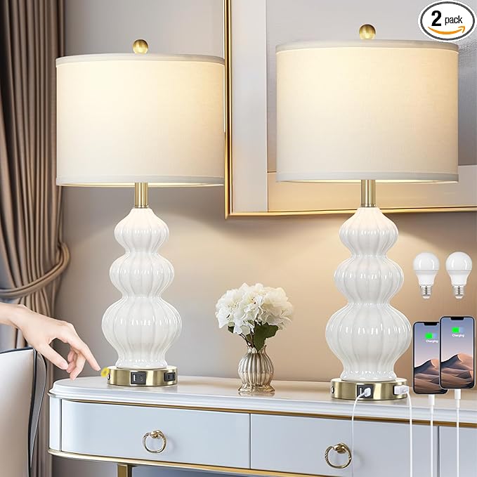 Modern White Table Lamps Set of 2 - Bedside Lamps for Night Stands, 26" Triple Gourd Ceramic Lamps for Living Room with USB A+C Ports & AC Outlet,3 Way Touch Lamps for Bedroom (LED Bulbs Included) - Bloomnest