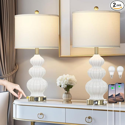 Modern White Table Lamps Set of 2 - Bedside Lamps for Night Stands, 26" Triple Gourd Ceramic Lamps for Living Room with USB A+C Ports & AC Outlet,3 Way Touch Lamps for Bedroom (LED Bulbs Included) - Bloomnest